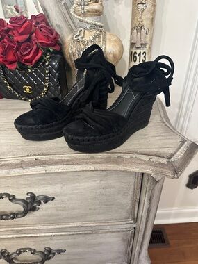 Black Suede Lace-Up Wedge Espadrilles - Womens